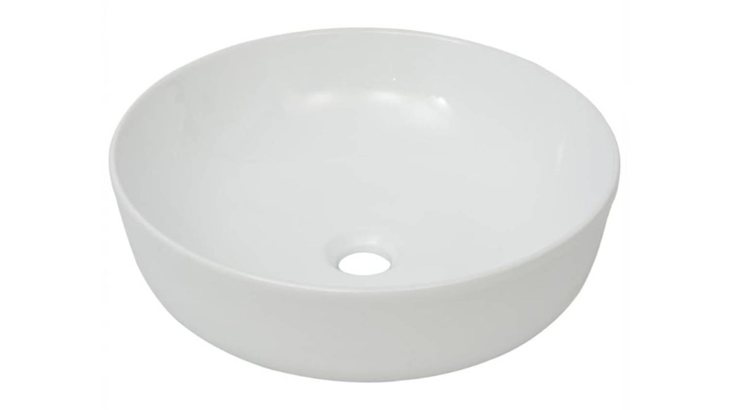 An angled top view of a round NNEVL glossy white ceramic bathroom vessel sink bowl with a central drain hole