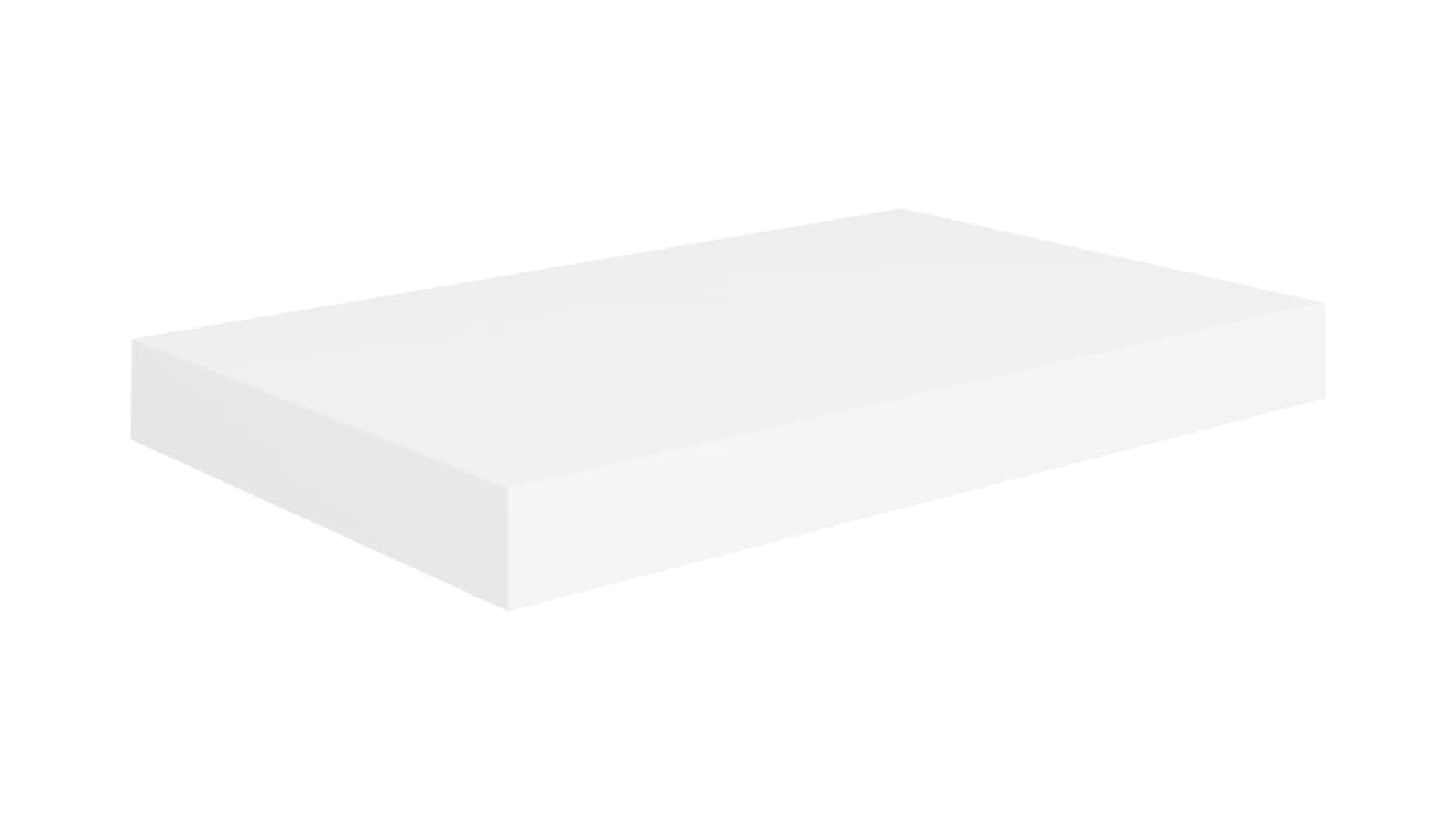 Single white floating wall shelf displayed on a white background, shown from an angled view
