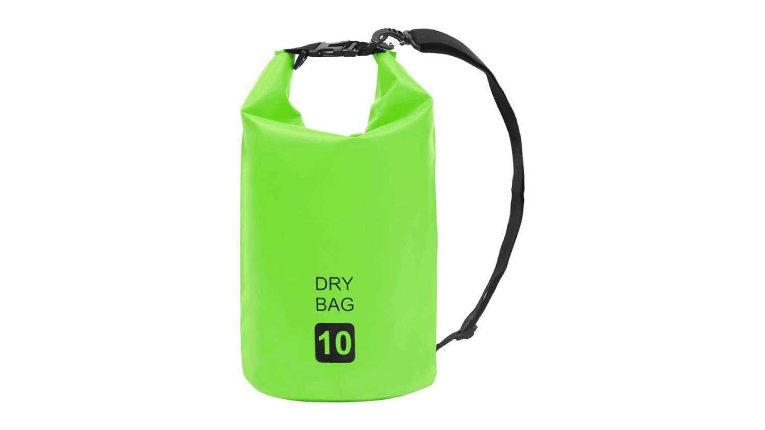 NNEVL 10L green PVC dry bag, rolled and buckled with a black shoulder strap