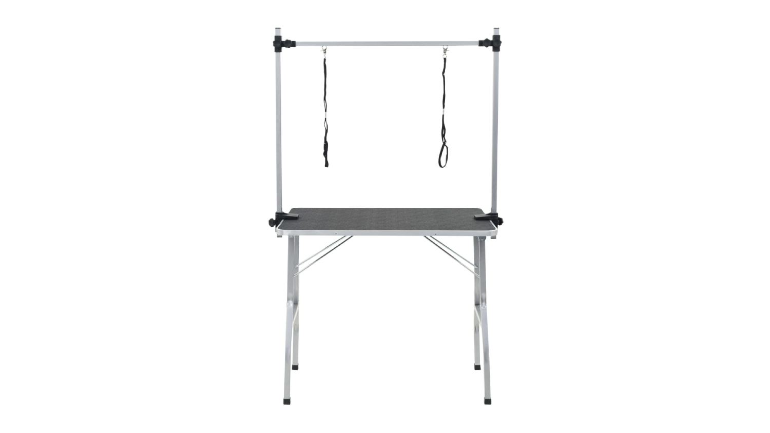 The NNEVL pet grooming table is shown with adjustable arms and a safety loop attached.
