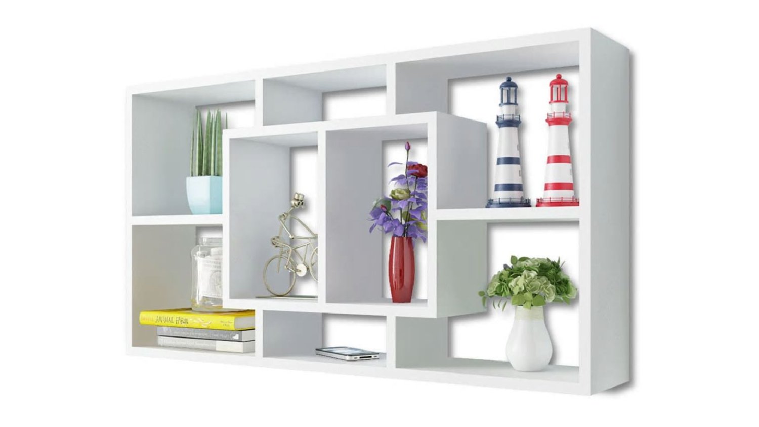 NNEVL 8 Compartment Display Wall Shelves 85 x 16 x 47.5cm - White