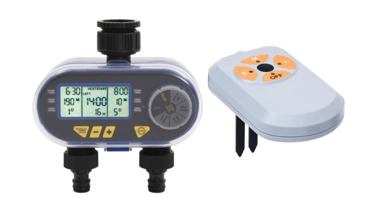 NNEVL digital water timer with dual outlets and an LCD screen, positioned next to a grey soil moisture sensor with orange buttons