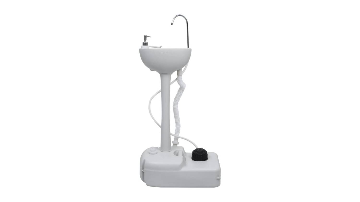 A portable NNEVL camping sink with a white basin, foot‑pump base, tall faucet, and integrated soap dispenser