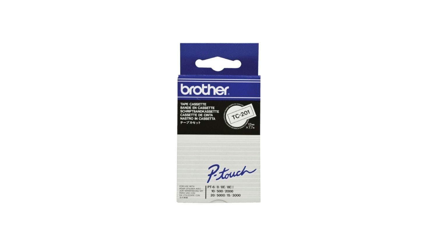 Brother TC201 Black on White Labelling Tape - 12mm x 8m
