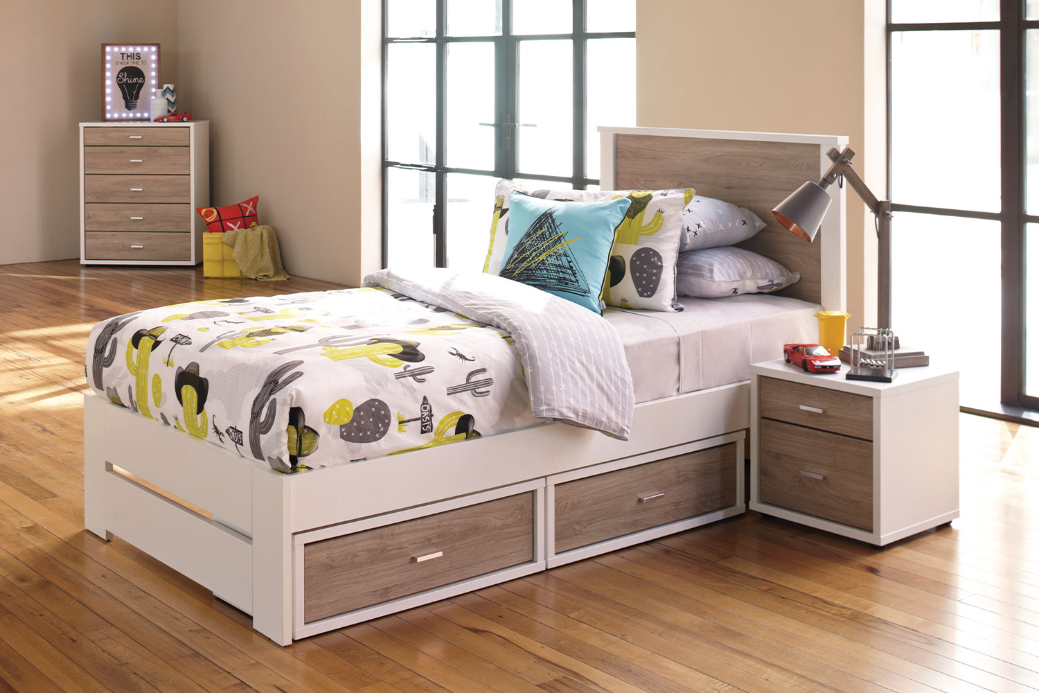 Hero King Single Slat Bed Frame - White &amp; Wood Grain