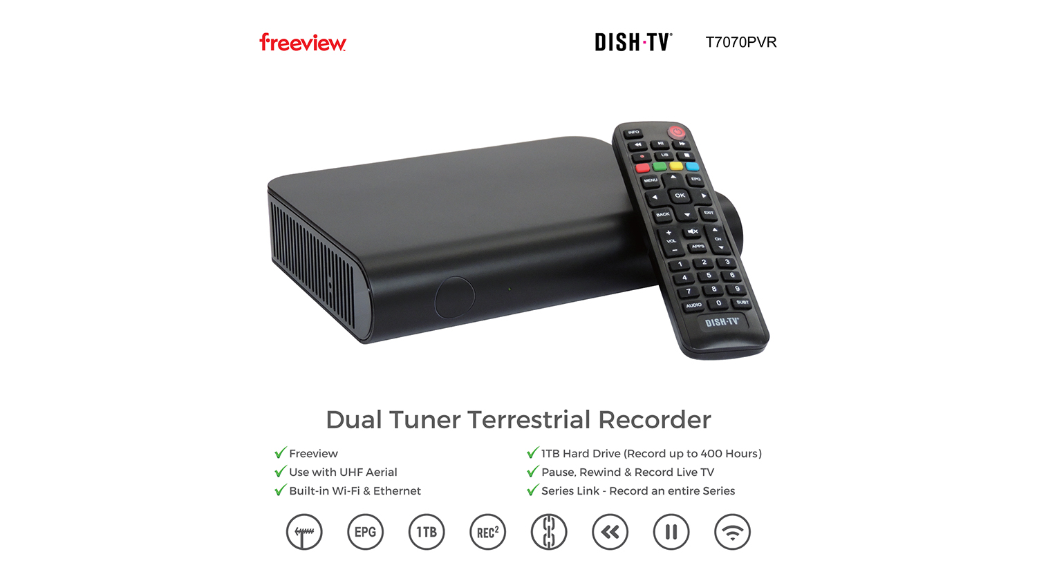 Dish TV Terrestrial Freeview Recorder with 1TB Hard Drive & Dual Tuner - Black (T7070)