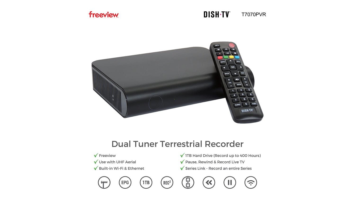 Dish TV T7070 Terrestrial Freeview Recorder with 1TB Hard Drive & Dual Tuner - Black