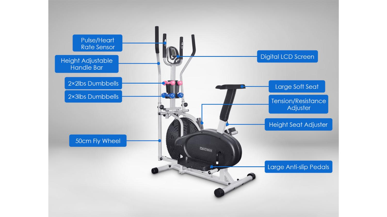 PROTRAIN Elliptical Trainer with Saddle, Dumbbells Harvey Norman New