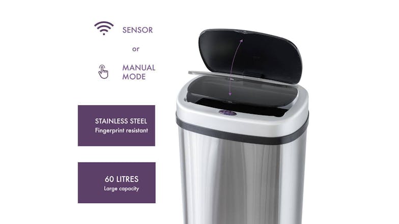 Dual Compartment Smart Sensor Rubbish Bin with Deodorant Compartment 60L - Silver