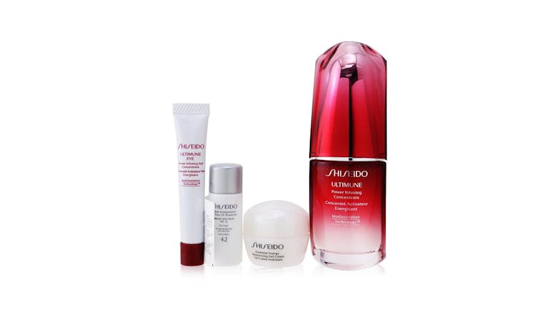 Shiseido Ultimate Hydrating Glow Set: Ultimune Power Infusing Concentrate 30ml + Moisturising Gel Cream 10ml + Eye Concentrate 5ml + SPF 42 Sunscreen 7ml - 4pcs