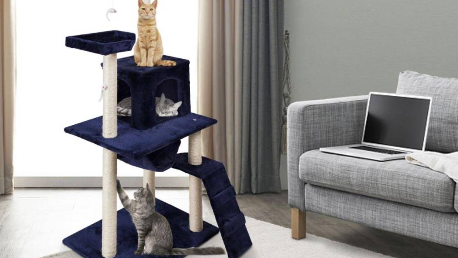 TSB Living Cat Tree with Hides, Nests 150cm - Blue/Beige