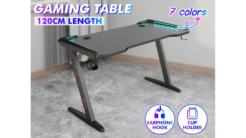 TSB Living LED Gaming Desk with Cup Holder, Hook 120cm - Carbon Fiber