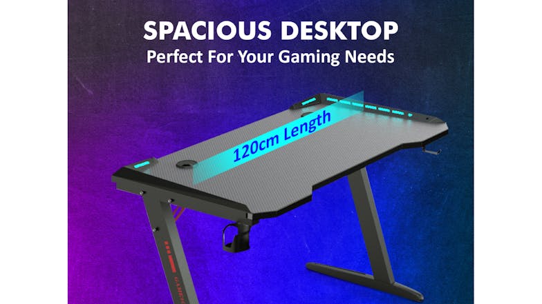 TSB Living LED Gaming Desk with Cup Holder, Hook 120cm - Carbon Fiber