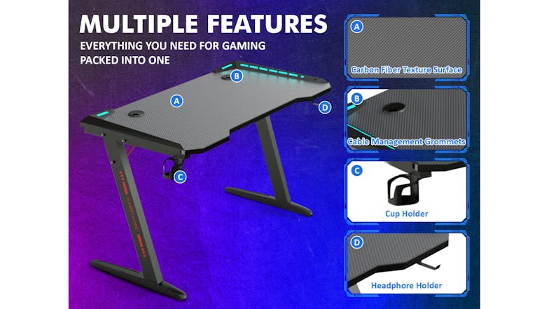 TSB Living LED Gaming Desk with Cup Holder, Hook 120cm - Carbon Fiber