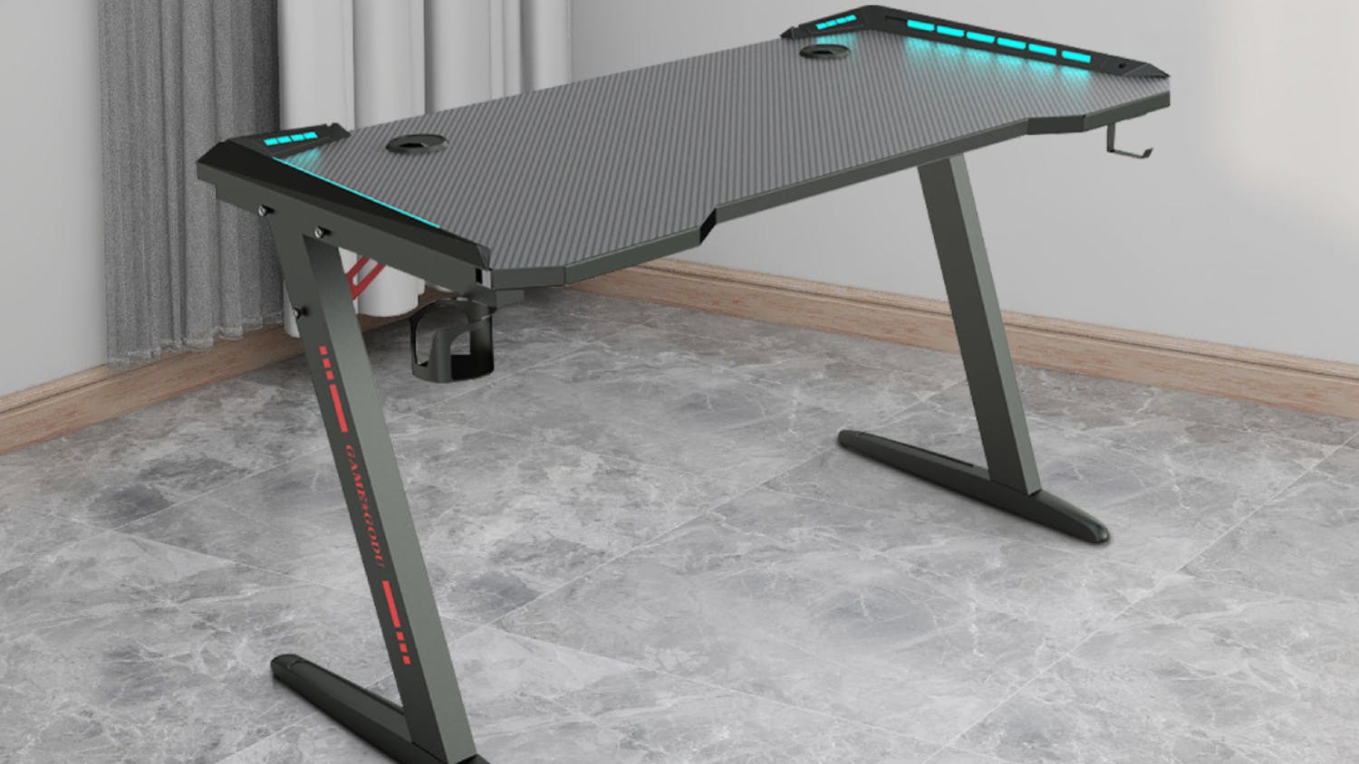 TSB Living LED Gaming Desk with Cup Holder, Hook 120cm - Carbon Fiber