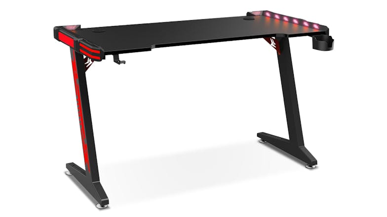 TSB Living LED Gaming Desk with Cup Holder, Hook 120cm - Carbon Fiber/Red Accent