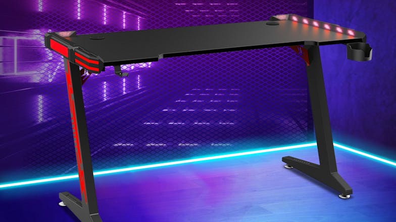 TSB Living LED Gaming Desk with Cup Holder, Hook 120cm - Carbon Fiber/Red Accent