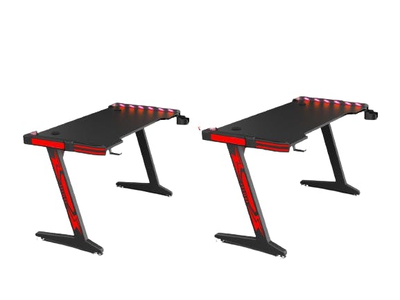 TSB Living LED Gaming Desk with Cup Holder, Hook 120cm - Carbon Fiber/Red Accent
