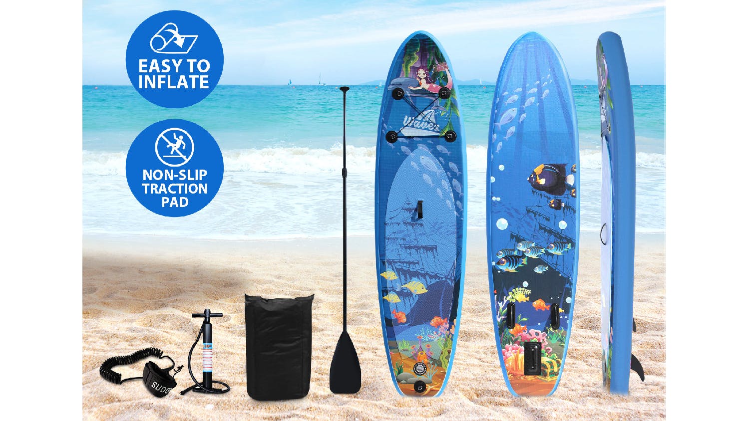 TSB Living Inflatable Stand Up Paddleboard 10' w/ Paddle, Repair Kit - Cartoon Sea