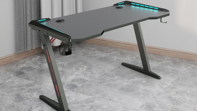 TSB Living LED Gaming Desk with Cup Holder, Hook 10cm - Carbon Fiber