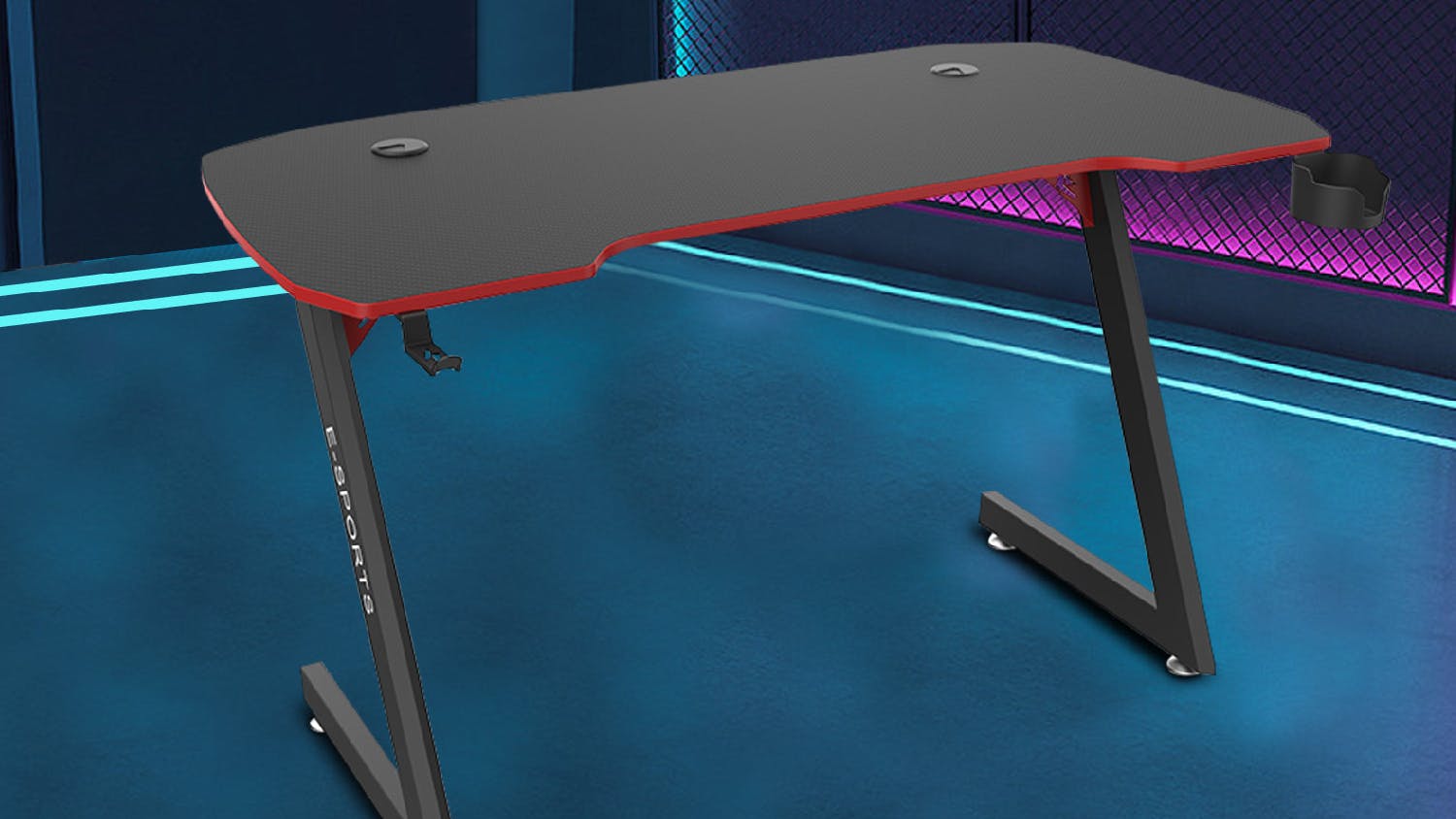 TSB Living Gaming Desk with Cup Holder, Hook 140cm - Carbon Fiber