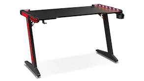 TSB Living LED Gaming Desk with Cup Holder, Hook 140cm - Carbon Fiber/Red Accent