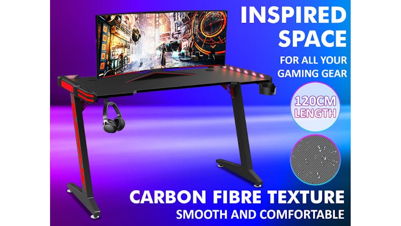 TSB Living LED Gaming Desk with Cup Holder, Hook 140cm - Carbon Fiber/Red Accent