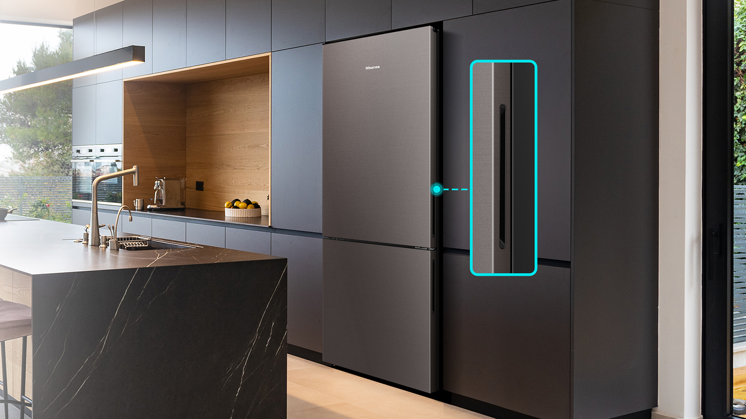 Hisense 417L Bottom Mount Fridge Freezer Taupe Steel (HRBM418D