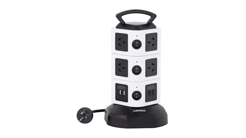 Lenoxx Rotating Tower Surge Protection Powerboard (10 Outlet, 2x USB-A, 2x USB-C)