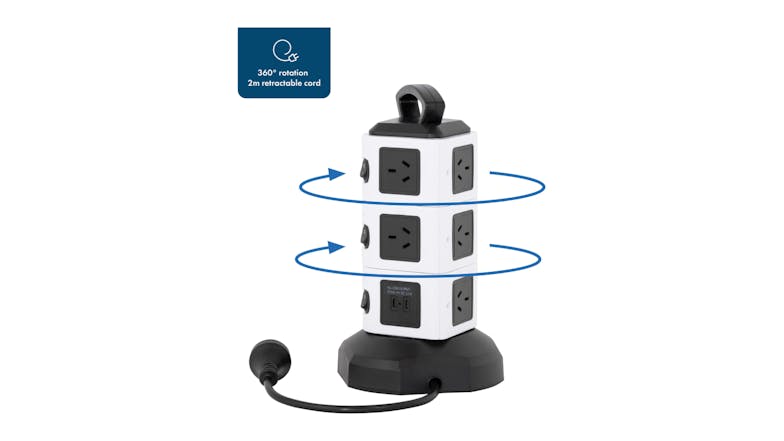 Lenoxx Rotating Tower Surge Protection Powerboard (10 Outlet, 2x USB-A, 2x USB-C)