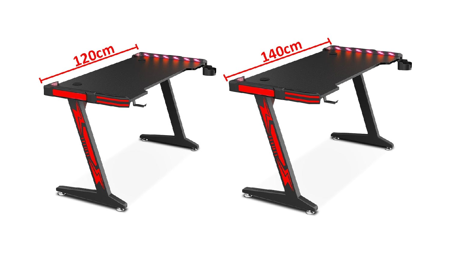 TSB Living LED Gaming Desk with Cup Holder, Hook 140cm - Carbon Fiber/Red Accent