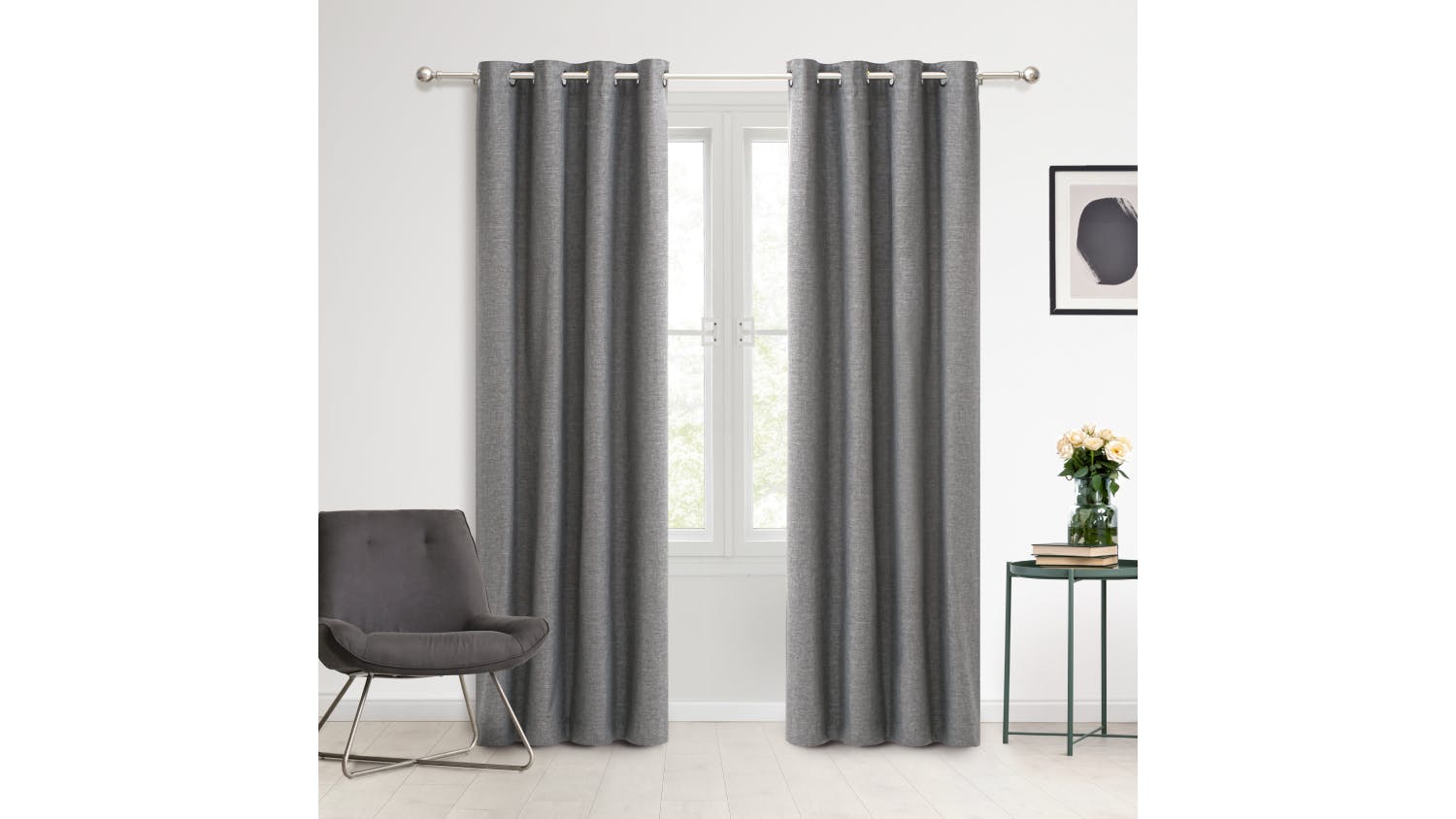 Sherwood Home Faux Linen Blackout Curtain Twin Pack 90 x 223cm - Pepper Grey