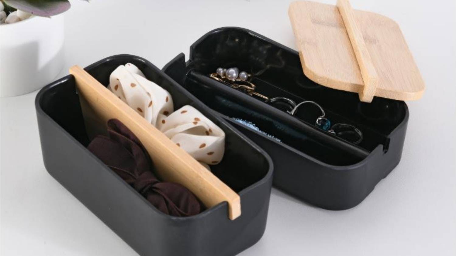 TAKARA Stackable Bamboo Jewellery Storage Containers with Lid - Black