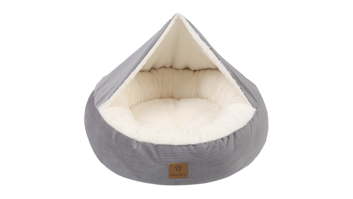 Dome-shaped pet bed with dark corduroy exterior.