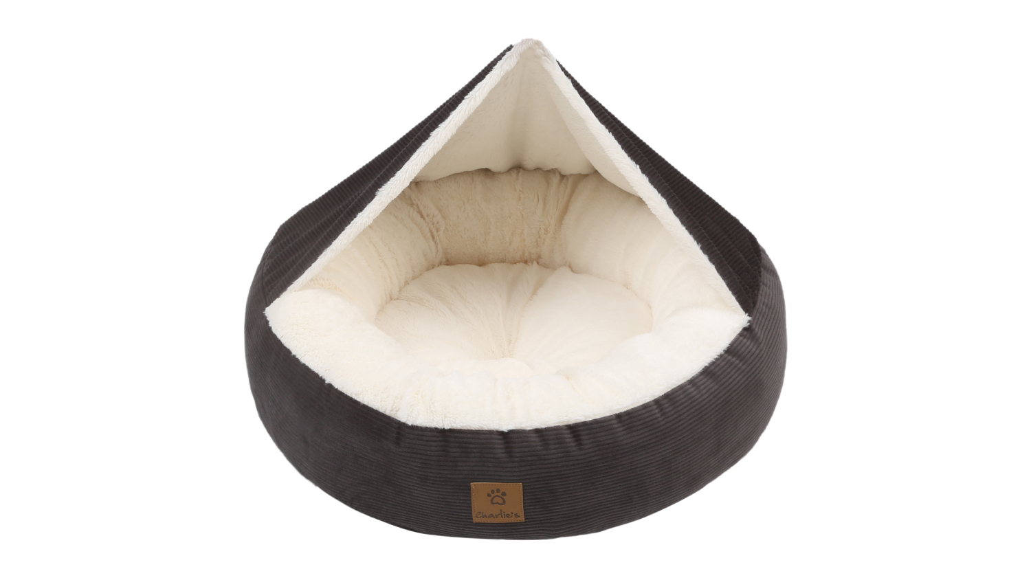 Dome-shaped pet bed with dark corduroy exterior.