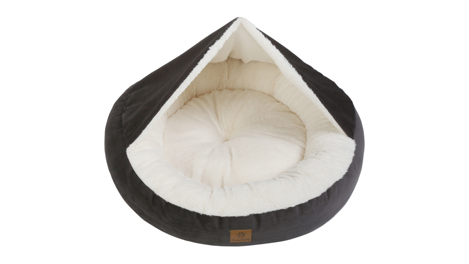 Dome-shaped pet bed with dark corduroy exterior.