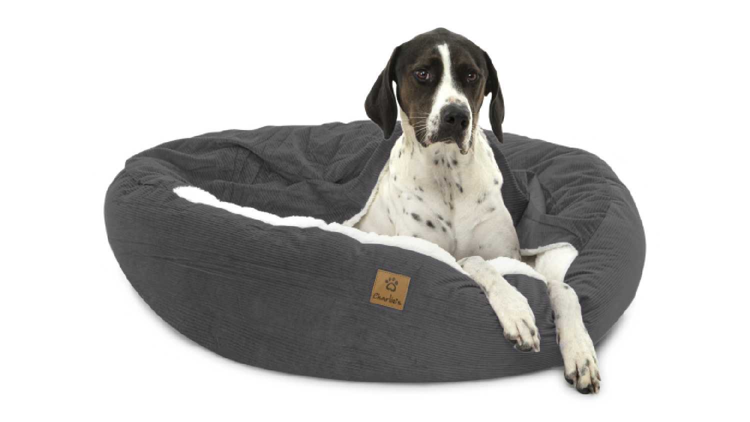 A dog resting on the corduroy pet bed.