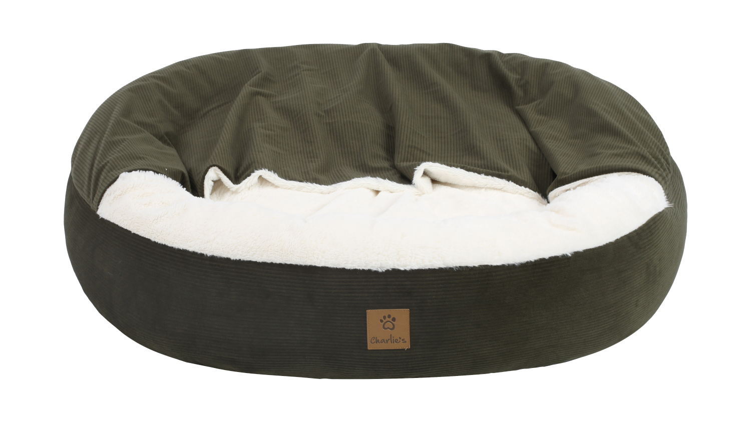Dome-shaped pet bed with dark corduroy exterior.