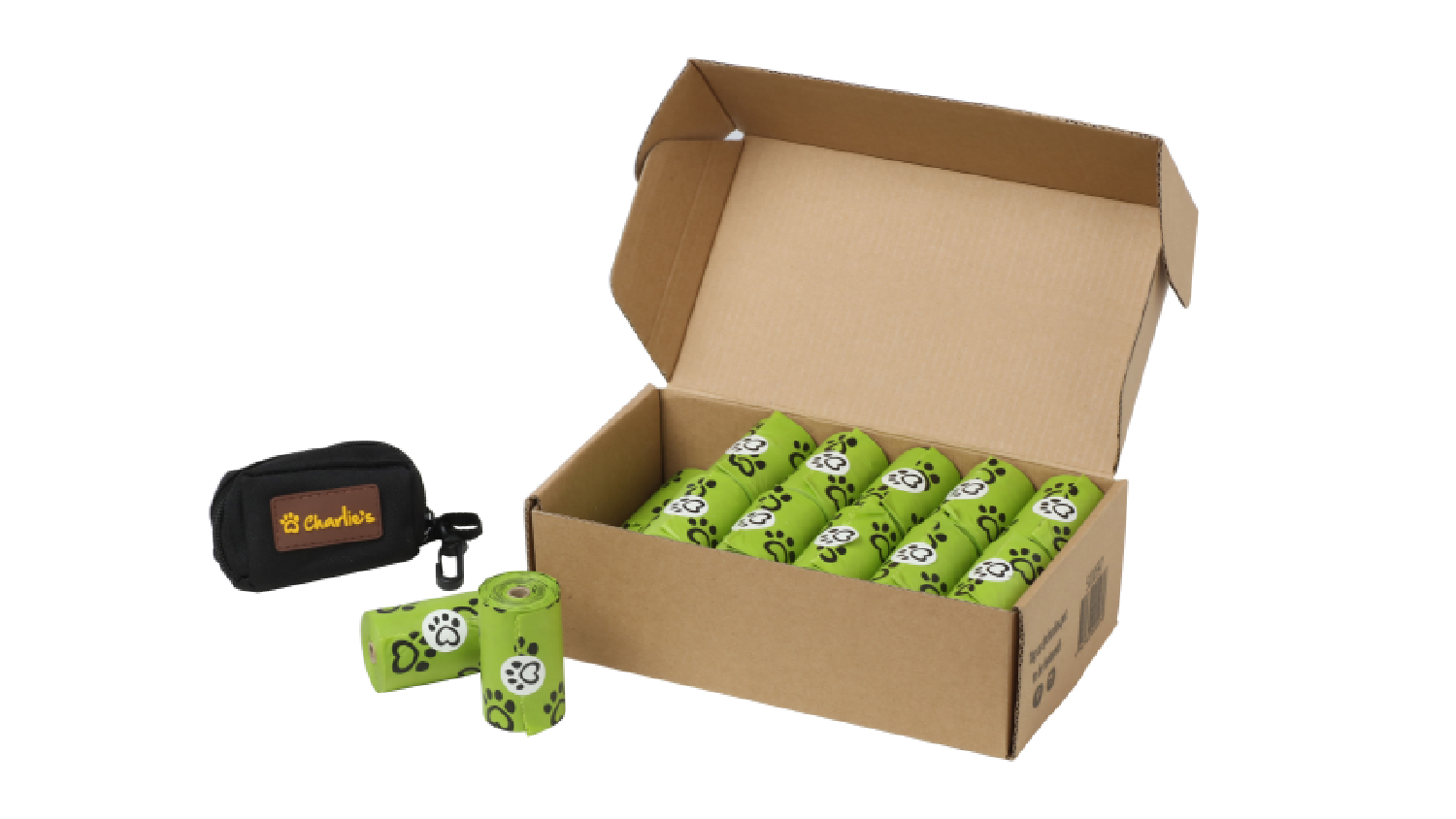 Box of green dog waste bag rolls with a black zippered dispenser pouch.