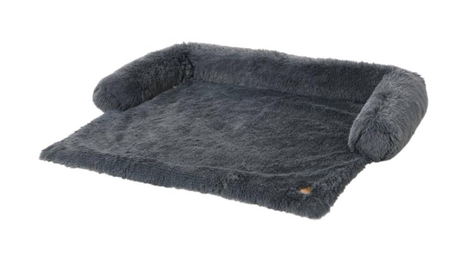 An angled view of Charlie's Faux fur sofa protector in charcoal colour