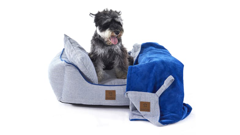 Charlie's Hampton Dog Bed with Blanket, Pillow Small - Herringbone Blue/Grey
