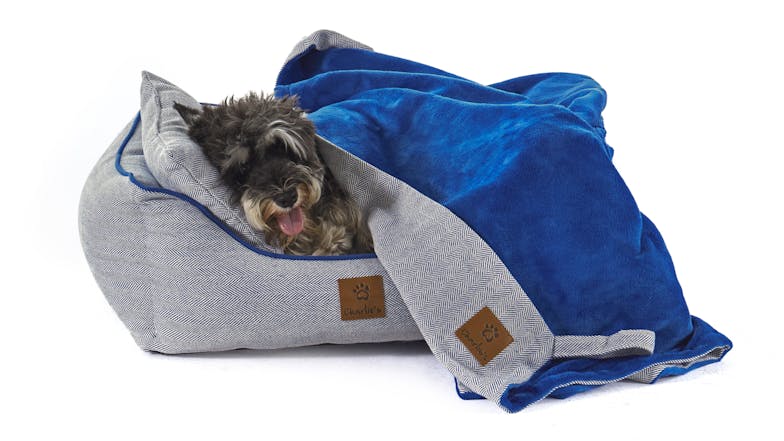 Charlie's Hampton Dog Bed with Blanket, Pillow Small - Herringbone Blue/Grey