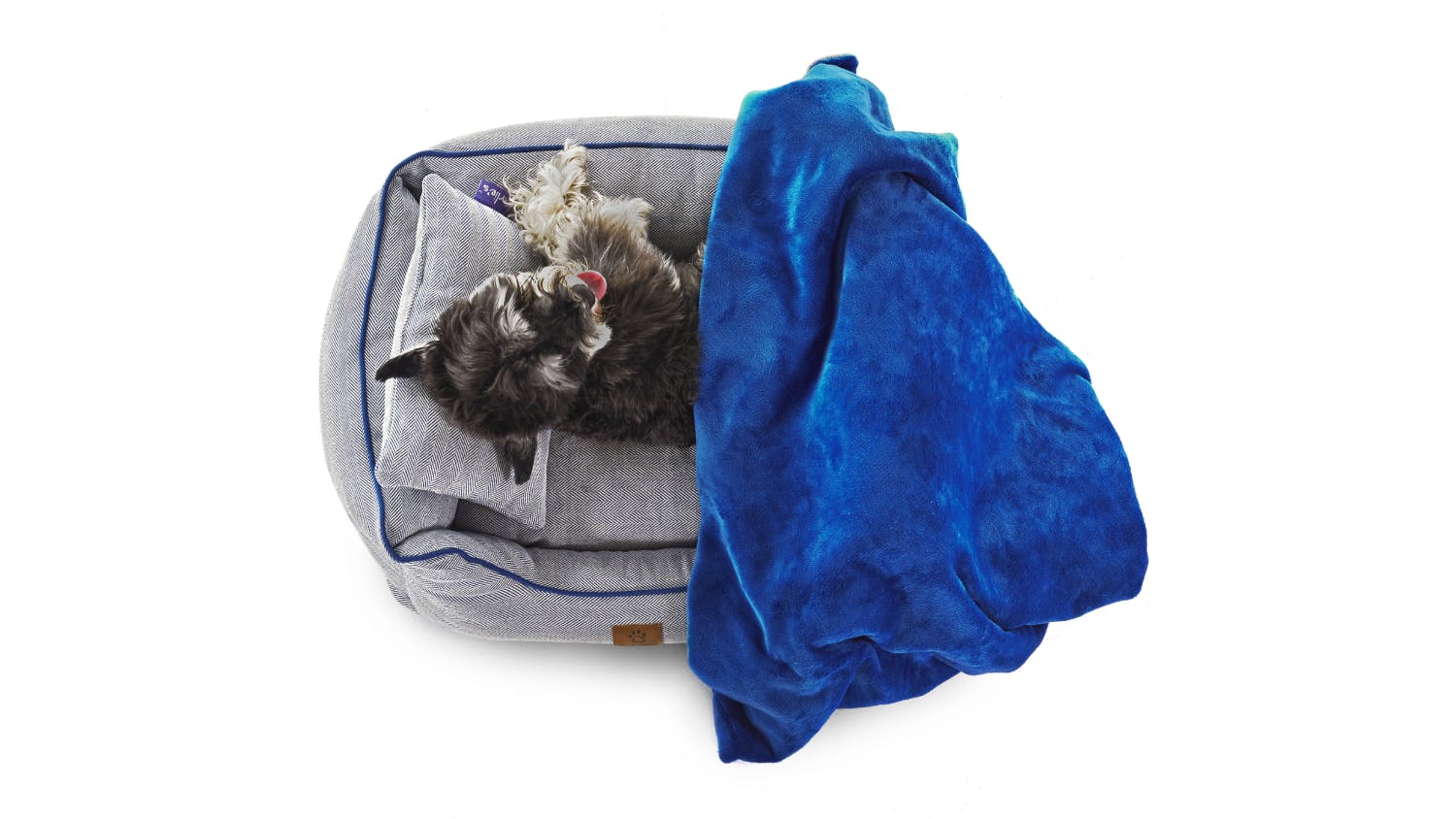 Charlie's Hampton Dog Bed with Blanket, Pillow Small - Herringbone Blue/Grey