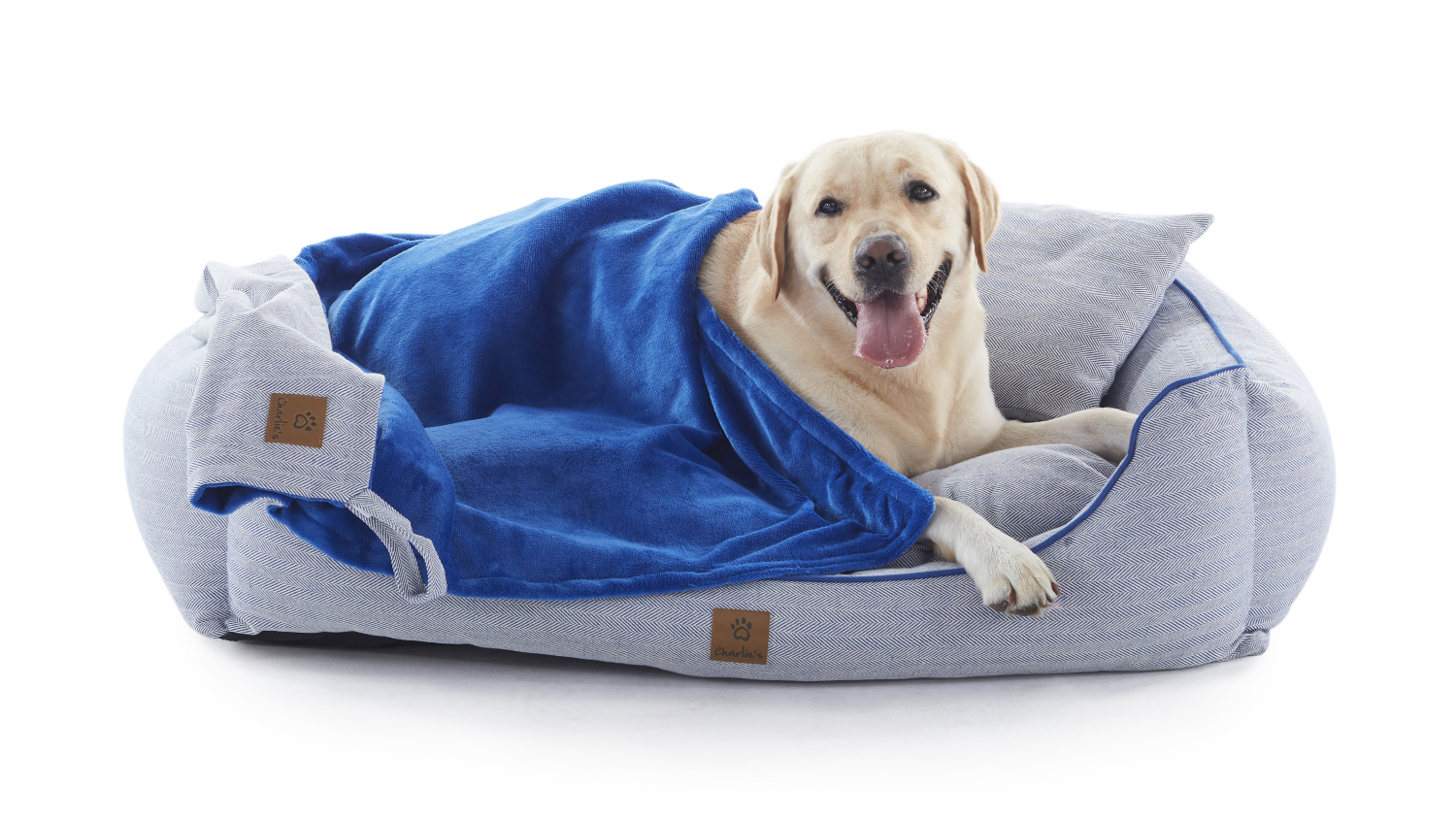 Charlie's Hampton Dog Bed with Blanket, Pillow Large - Herringbone Blue/Grey