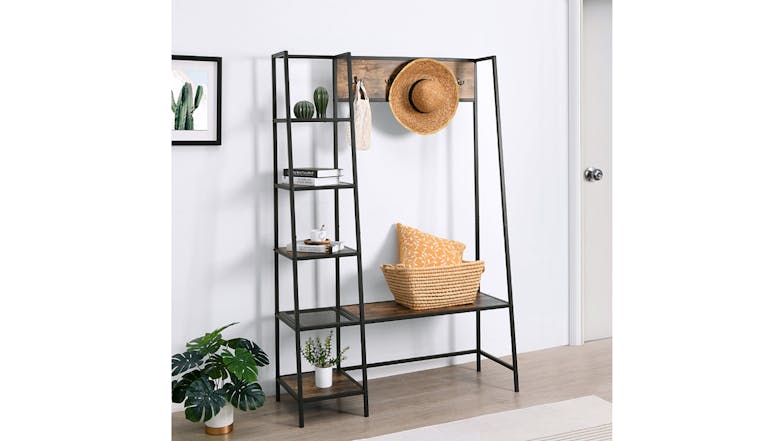 Sherwood Rustic Wooden Cloakrack & Shelf - Dark Timber/Black