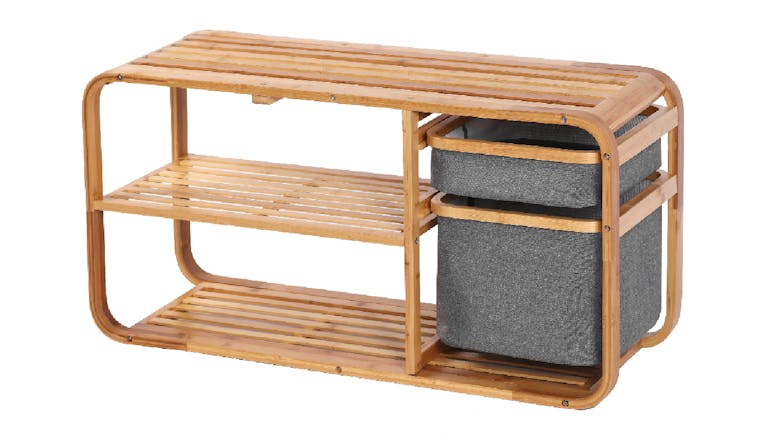 Sherwood Natural Bamboo Shoe Rack with Bench, Baskets - Dark Grey