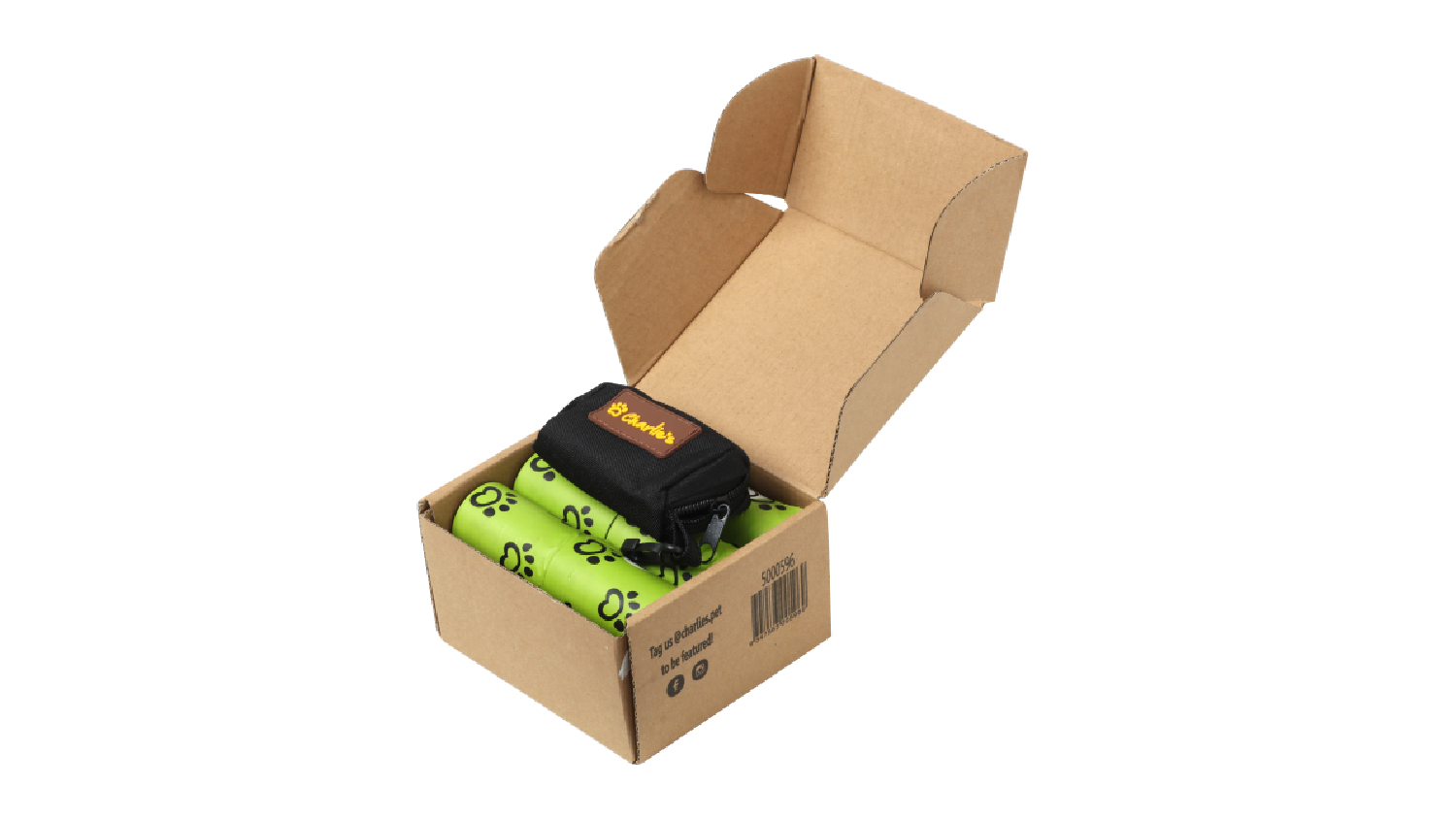 Box of green dog waste bag rolls with a black zippered dispenser pouch.