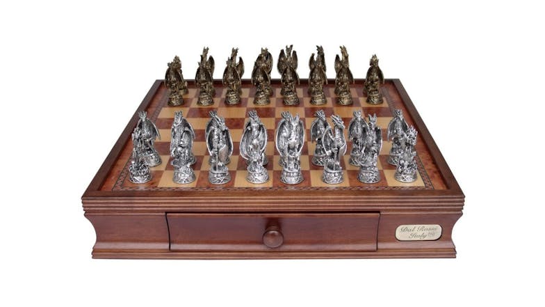 Dal Rossi 16" Mystical Dragon Pewter Chess Set with Drawers