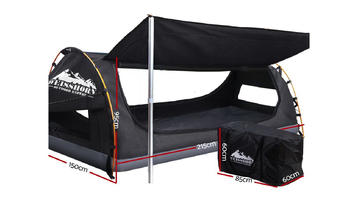 Weisshorn Camping Swag Canvas Tent Double Awning - Black