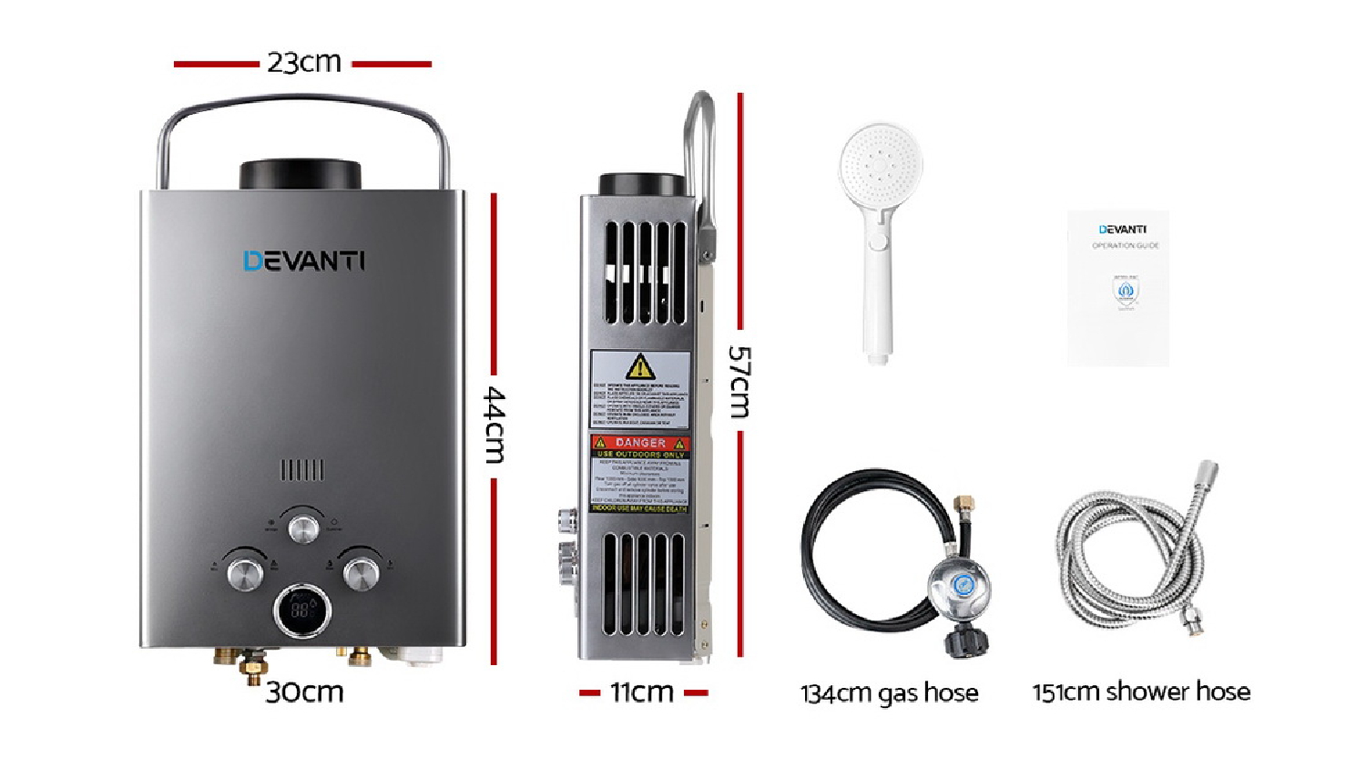 Devanti Portable LPG Hot Water System with Shower 8L - Grey